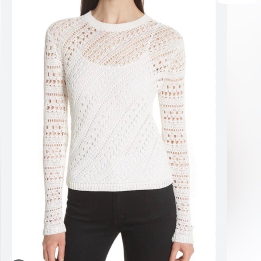 Theory Tissage Cream Crochet Sweater XS Crewneck Long Sleeves Ribbed Trim